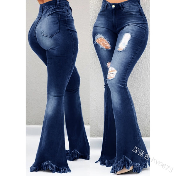 Bell Bottom Jeans Faded Denim High Waist Flare Pants Ripped Holes Destroyed Fringed Hem Boho Festival Hippie Available In Dark Wash & Black Too! Small Medium Large Extra Large XL XXL 2X XXXL 3X Plus Size