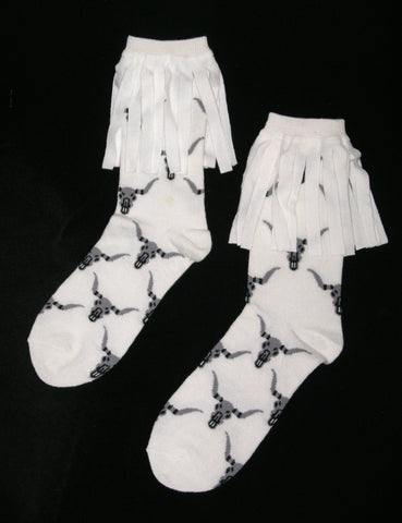 Longhorn Boho Boot Socks With Fringe White Crew Gray Black Cow Skulls Cowgirl Western Size 4-10