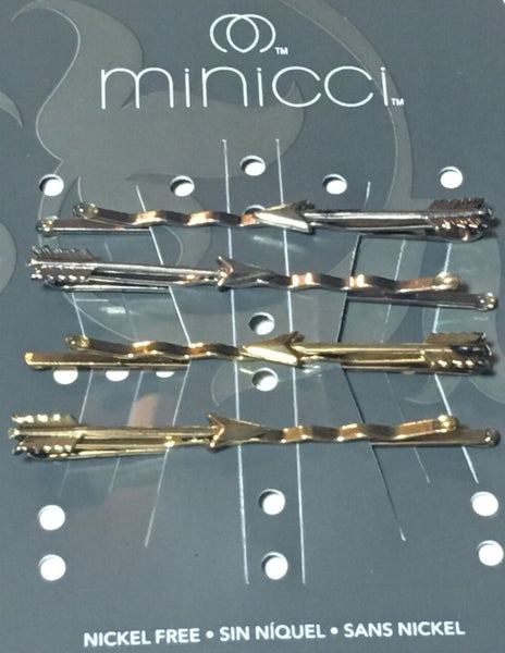 Arrow Bobby Pins "Straight Shooter" Two Silver Two Gold Arrows Bobbypins On Black Leather