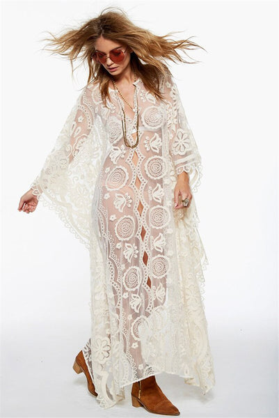 Mandala Mykonos Kaftan White Lace Caftan Maxi Dress See Through Seductive Cover Up One Size