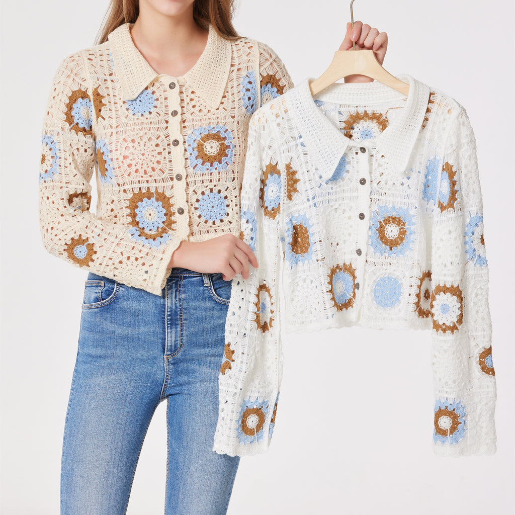 Granny Squares Button Up Collar Shirt White Or Beige With Brown Baby Blue Midrift Boho Sweater Cardigan Knitted Bohemian Long Sleeve Top One Size