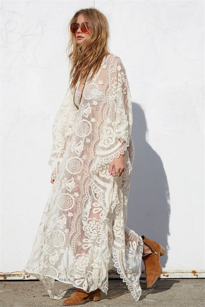 Mandala Mykonos Kaftan White Lace Caftan Maxi Dress See Through Seductive Cover Up One Size