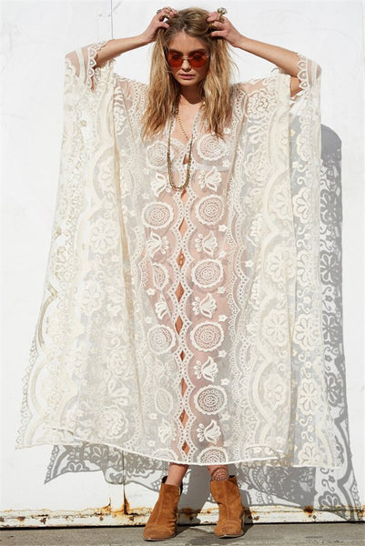 Mandala Mykonos Kaftan White Lace Caftan Maxi Dress See Through Seductive Cover Up One Size