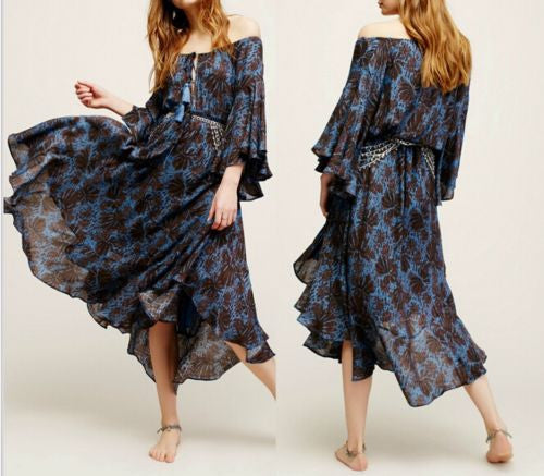 SALE 50% OFF Off The Shoulder Boho Maxi Dress "The Island Life" Bell Sleeves Lace Up Front Dark Blue And Black Print Sizes Small Medium Large Or Extra Large