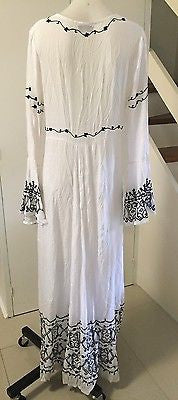 Maxi Length Boho Kimono "Honey Wrap" Bell Sleeved Long White With Black Embroidery Festival Cover Up Small Medium Or Large