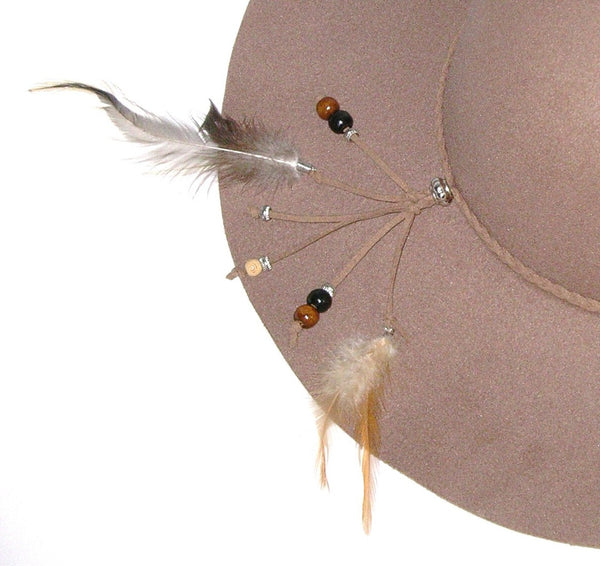 Tan Floppy Hat With Feathers Beads Braided Boho Hatband Wide Brim Felt Hippie Style Festival Hat Brown Khaki Beige Sun Hat
