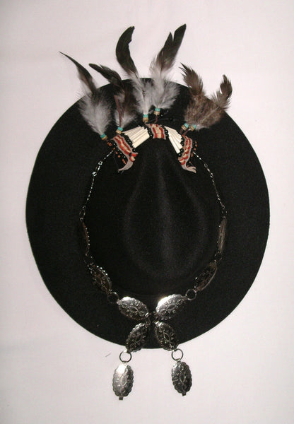 Tribal Festival Hat Black Wide Brim Fedora Indian Hairpipe Beads Silver Conchos Natural Feathers Handmade One Of A Kind