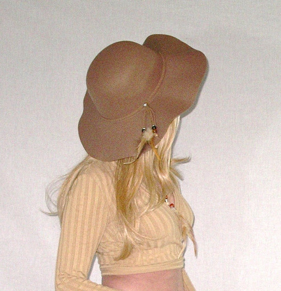 Tan Floppy Hat With Feathers Beads Braided Boho Hatband Wide Brim Felt Hippie Style Festival Hat Brown Khaki Beige Sun Hat