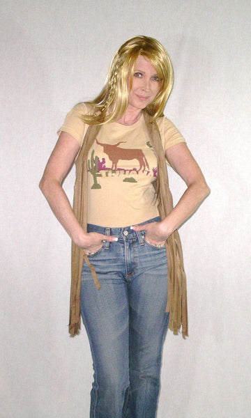 SALE 50% OFF Tan Suede Long Fringe Hippie Vest Super Soft Boho Vegan Leather Camel Poly Spandex Racerback Small Medium Or Large