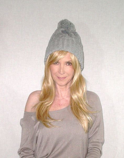 Cable Knit Beanie With Oversize Pom Pom Gray Cuffed Boho Slouch Hat Winter Stocking Cap