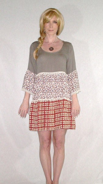 Umgee Peasant Dress Bell Sleeve Patchwork Crochet Trim Boho Mocha Floral Gypsy Print Hippie Mini Dress Scoop Neck Tiered Small Medium Or Large