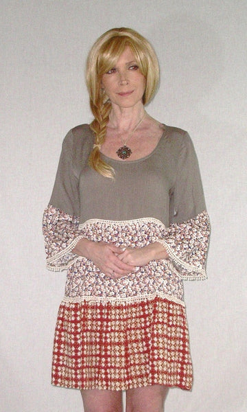 Umgee Peasant Dress Bell Sleeve Patchwork Crochet Trim Boho Mocha Floral Gypsy Print Hippie Mini Dress Scoop Neck Tiered Small Medium Or Large