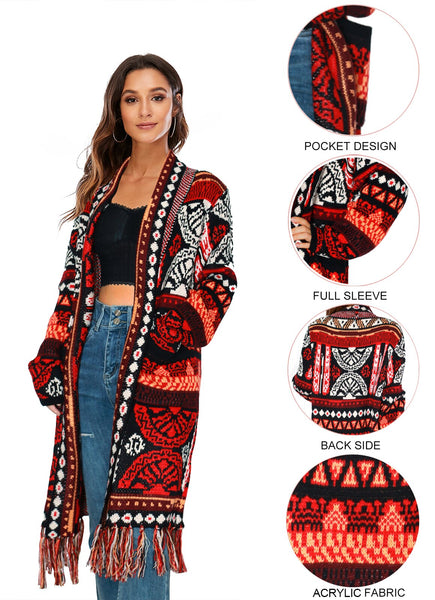 Boho Sweater Duster Turquoise Red Or Yellow Tribal Print Long Open Front Cardigan With Fringe Maxi Sweater Coat Available In Sizes Medium Large Or XL