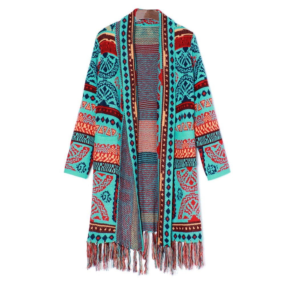 Boho Sweater Duster Turquoise Red Or Yellow Tribal Print Long Open Front Cardigan With Fringe Maxi Sweater Coat Available In Sizes Medium Large Or XL