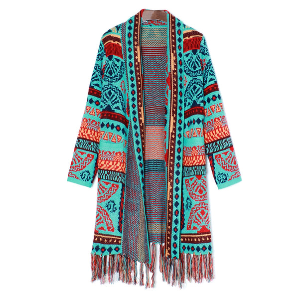 Boho Sweater Duster Turquoise Red Or Yellow Tribal Print Long Open Front Cardigan With Fringe Maxi Sweater Coat Available In Sizes Medium Large Or XL