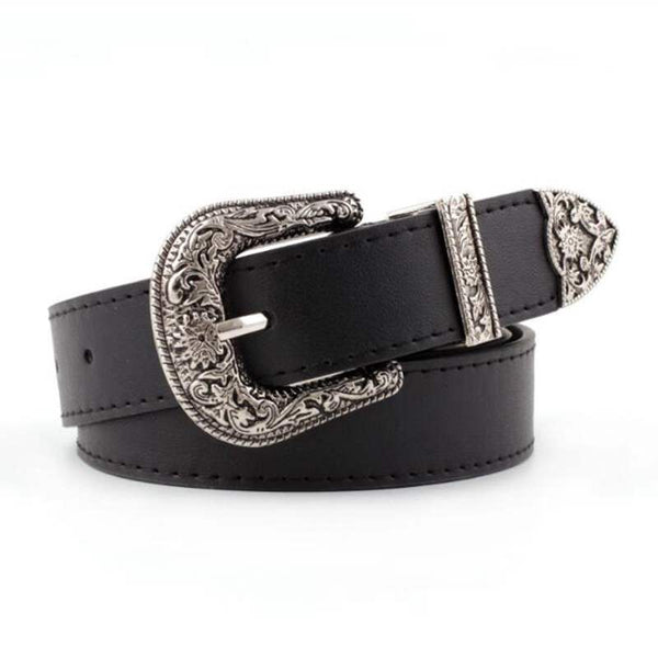 Western Cowgirl Belt Vegan Leather Etched Flowers Silver Metal Buckle Adjustable Settings Metal Tip And Belt Loop Choose Camel Dark Brown Black Or Navy Great With Jeans And Dresses