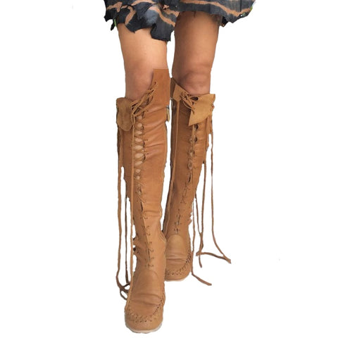 Lace Up Over The Knee Moccasins In Brown Black Red Or Pink Fitted Boots Lace Up Sides And Front Vegan Leather Tribal Native