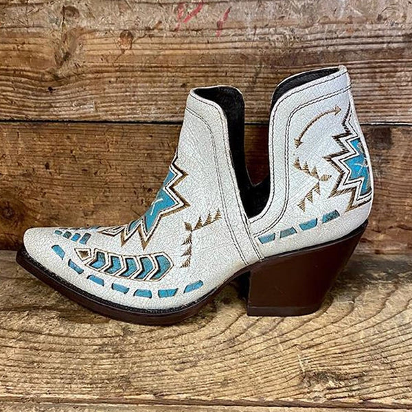White Bootie Cowboy Boots With Turquoise Aztec Embroidery Slip-On Shorty Ladies Cowgirl Boots In Vegan Leather They Look Great With Jean Shorts!