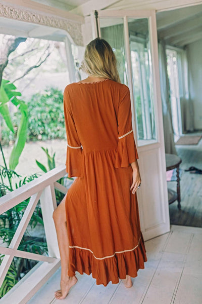 Embroidered Maxi Dress In Spring Green Burnt Orange Or Baby Pink 3/4 Bell Sleeves Tassel Ties Ruffled Hem Long Side Slits Available In Small Medium Large Or XL