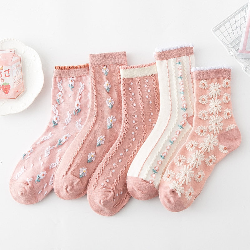 Bohemian Socks 5 Pack Embroidery Lace Flowers 19 Different Styles You Choose Crew Socks Or Short Socks Pink White Purple Lavender Green Beige Brown Blue Gray Unique Boutique Socks
