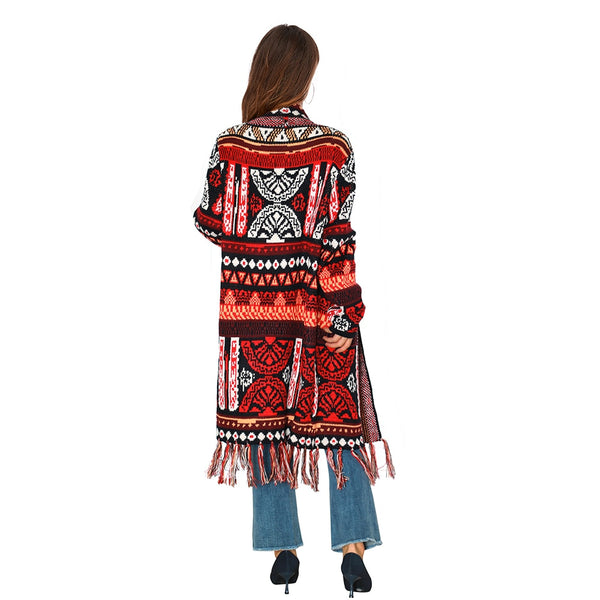 Boho Sweater Duster Turquoise Red Or Yellow Tribal Print Long Open Front Cardigan With Fringe Maxi Sweater Coat Available In Sizes Medium Large Or XL