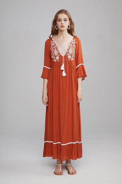 Embroidered Maxi Dress In Spring Green Burnt Orange Or Baby Pink 3/4 Bell Sleeves Tassel Ties Ruffled Hem Long Side Slits Available In Small Medium Large Or XL