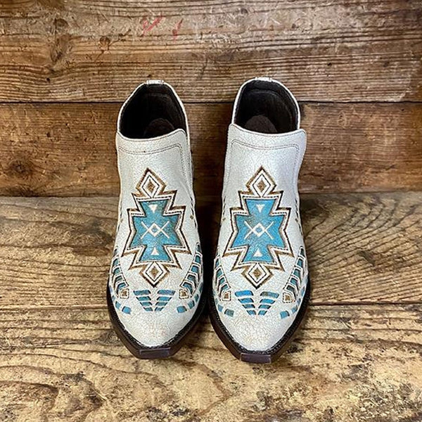 White Bootie Cowboy Boots With Turquoise Aztec Embroidery Slip-On Shorty Ladies Cowgirl Boots In Vegan Leather They Look Great With Jean Shorts!