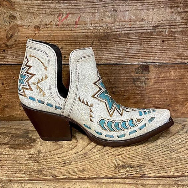 White Bootie Cowboy Boots With Turquoise Aztec Embroidery Slip-On Shorty Ladies Cowgirl Boots In Vegan Leather They Look Great With Jean Shorts!