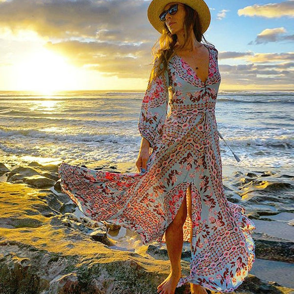 Pandora Maxi Dress Aquarium Blue Floral Pink Long Peasant Sleeves Gown Button Front Slit Or No Slit Tassel Tie Waist Available In Small Medium Large Or XL