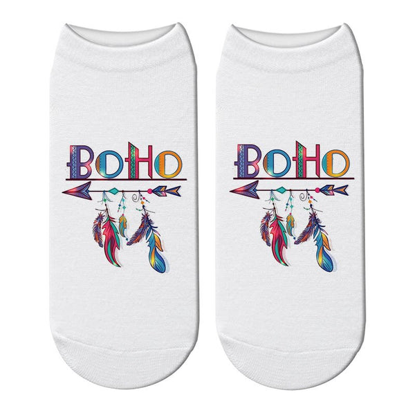 Boho Ankle Socks 6 Different Styles Love Without Limits Wild And Free Dream Without Fear Feathers Arrows Dream Catchers 3D Printed Bohemian Short Socks