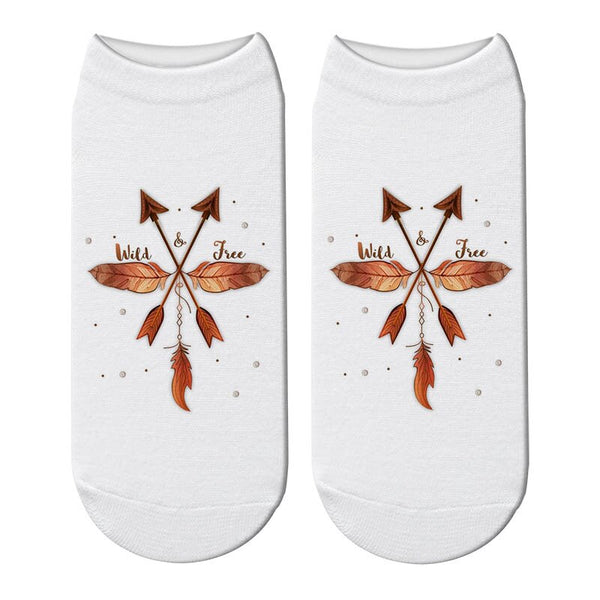 Boho Ankle Socks 6 Different Styles Love Without Limits Wild And Free Dream Without Fear Feathers Arrows Dream Catchers 3D Printed Bohemian Short Socks
