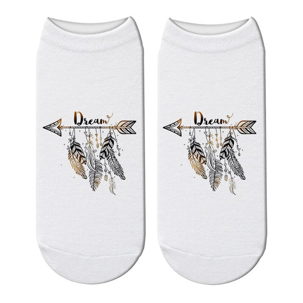Boho Ankle Socks 6 Different Styles Love Without Limits Wild And Free Dream Without Fear Feathers Arrows Dream Catchers 3D Printed Bohemian Short Socks
