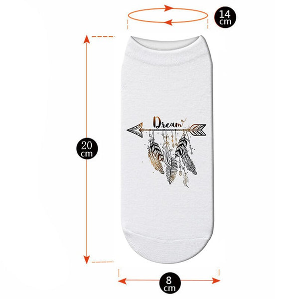 Boho Ankle Socks 6 Different Styles Love Without Limits Wild And Free Dream Without Fear Feathers Arrows Dream Catchers 3D Printed Bohemian Short Socks