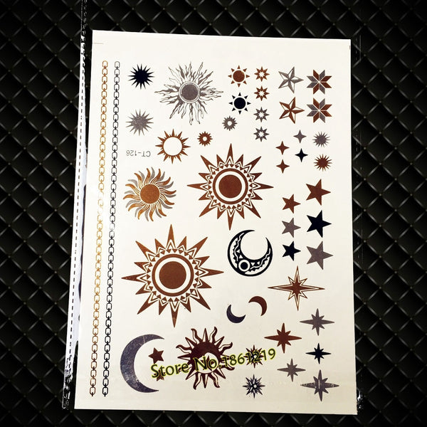 Mystic Tattoos Metallic Temporary Tats In Celestal Gold Silver And Turquoise Sun Moon And Stars Mystical Sun Worship New Age Twilight