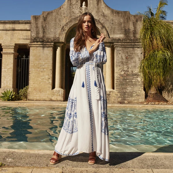 White Dress Blue Embroidery