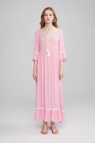 Embroidered Maxi Dress In Spring Green Burnt Orange Or Baby Pink 3/4 Bell Sleeves Tassel Ties Ruffled Hem Long Side Slits Available In Small Medium Large Or XL