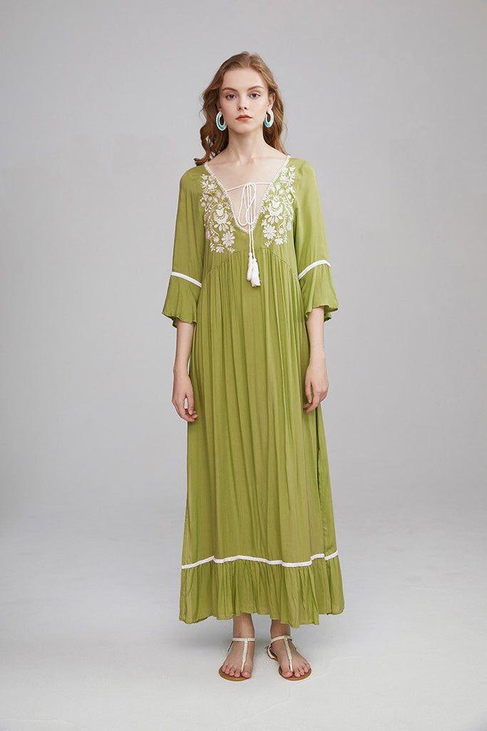 Embroidered Maxi Dress In Spring Green Burnt Orange Or Baby Pink 3/4 Bell Sleeves Tassel Ties Ruffled Hem Long Side Slits Available In Small Medium Large Or XL
