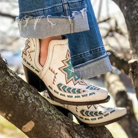 White Bootie Cowboy Boots With Turquoise Aztec Embroidery Slip-On Shorty Ladies Cowgirl Boots In Vegan Leather They Look Great With Jean Shorts!