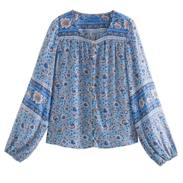 Blue Floral Peasant Blouse