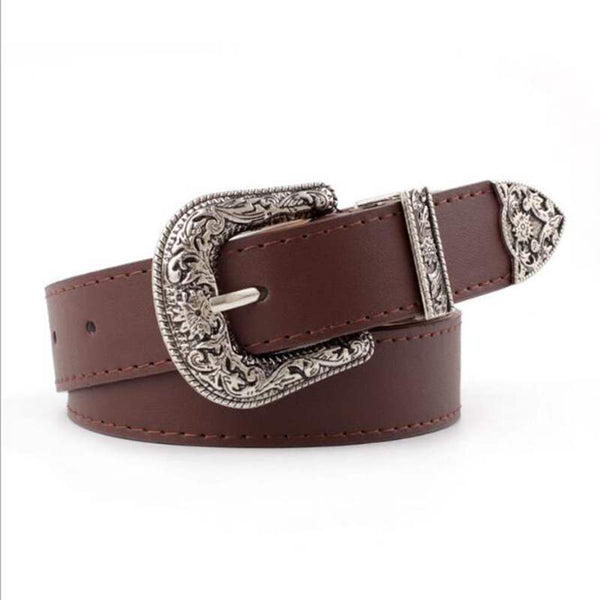 Western Cowgirl Belt Vegan Leather Etched Flowers Silver Metal Buckle Adjustable Settings Metal Tip And Belt Loop Choose Camel Dark Brown Black Or Navy Great With Jeans And Dresses