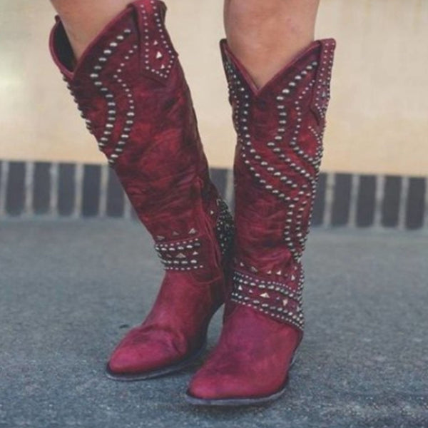 Studded Cowboy Boots For Women In Weathered Black Brown Or Burgundy Knee High Western Cowgirl Boots