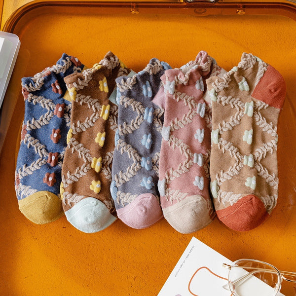 Bohemian Socks 5 Pack Embroidery Lace Flowers 19 Different Styles You Choose Crew Socks Or Short Socks Pink White Purple Lavender Green Beige Brown Blue Gray Unique Boutique Socks