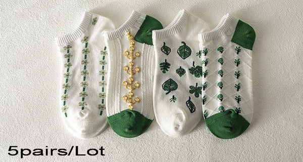Bohemian Socks 5 Pack Embroidery Lace Flowers 19 Different Styles You Choose Crew Socks Or Short Socks Pink White Purple Lavender Green Beige Brown Blue Gray Unique Boutique Socks