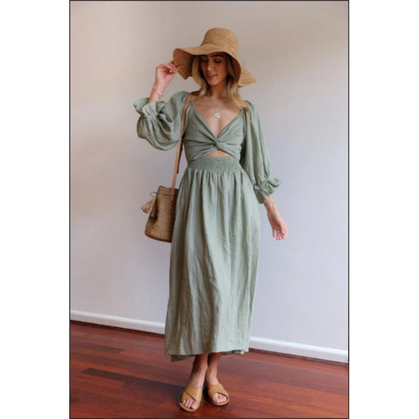 Long Puff Sleeves Maxi Dress Sage Green Wear Forwards Or Backwards Off Shoulders Or On Smocked Front Open Back Sash Waist Pockets Sizes Small Medium Large XL And Plus Size XXL 2X