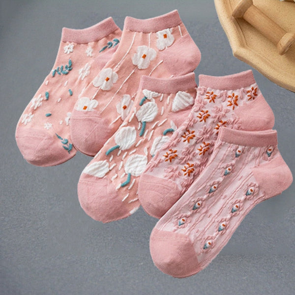 Bohemian Socks 5 Pack Embroidery Lace Flowers 19 Different Styles You Choose Crew Socks Or Short Socks Pink White Purple Lavender Green Beige Brown Blue Gray Unique Boutique Socks