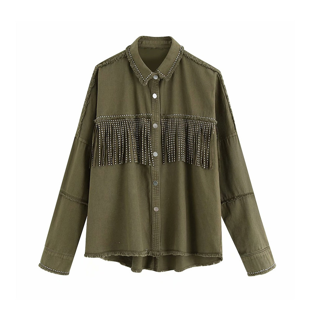 Denim Fringed Jacket Black Army Green Lavender Beige Red Or Ivory Studded Suede Fringe Frayed Edges Button Up Front Studs On Cuffs And Collar Too Available In Sizes XS Small Medium Or Large