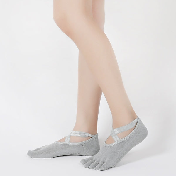 Yoga Socks With Toes Open Toes Or Ballet Slipper Style No Slip Grips Criss Cross Elastic Straps Non Skid Nude Black Light Gray Wine Red Purple Charcoal Or Baby Pink