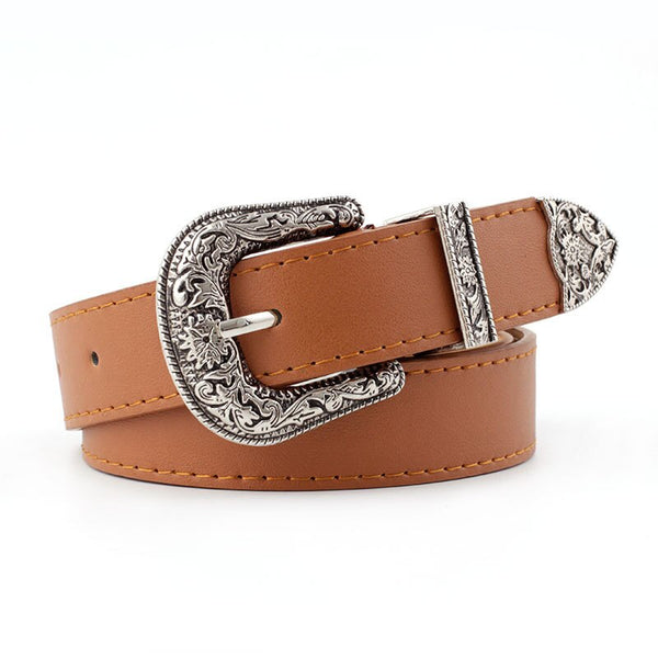 Western Cowgirl Belt Vegan Leather Etched Flowers Silver Metal Buckle Adjustable Settings Metal Tip And Belt Loop Choose Camel Dark Brown Black Or Navy Great With Jeans And Dresses