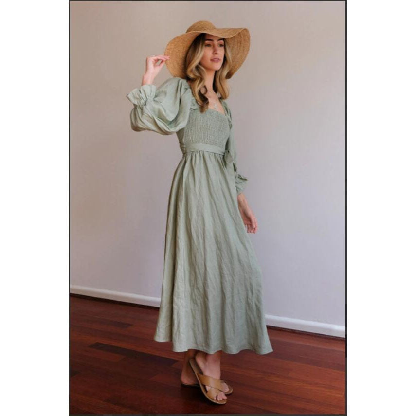 Long Puff Sleeves Maxi Dress Sage Green Wear Forwards Or Backwards Off Shoulders Or On Smocked Front Open Back Sash Waist Pockets Sizes Small Medium Large XL And Plus Size XXL 2X