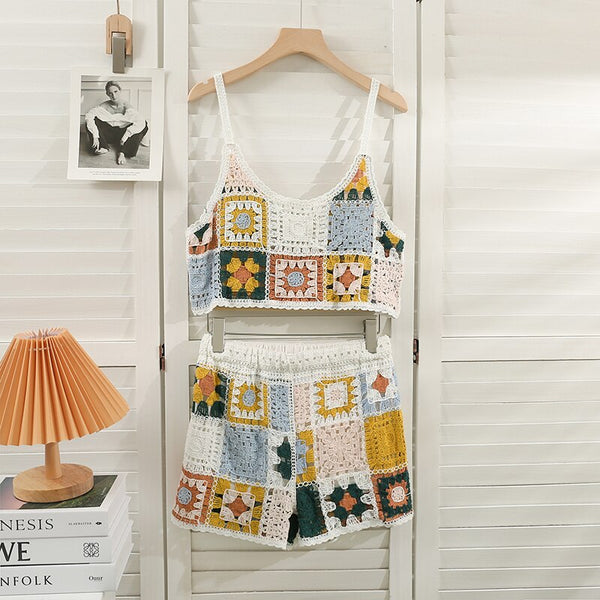 Granny Squares Short Set Beige White Or Black You Choose Crochet Midrift Cami Top Elastic Waist Shorts Beachwear Boho One Size